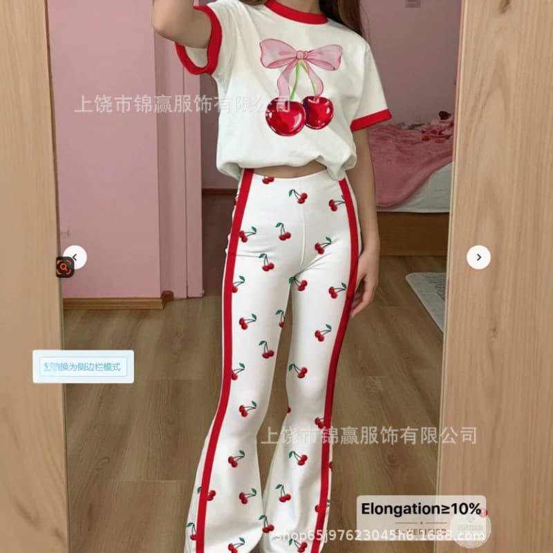 Cross-border new girls' two-piece set, all-over printed short-sleeved slimming high-waisted trousers suit
