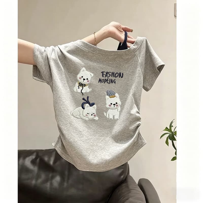 Amazon Kids Girls Off-Shoulder Design Top T-Shirt Cotton Short Sleeve Summer New Style Slanted Shoulder Strap