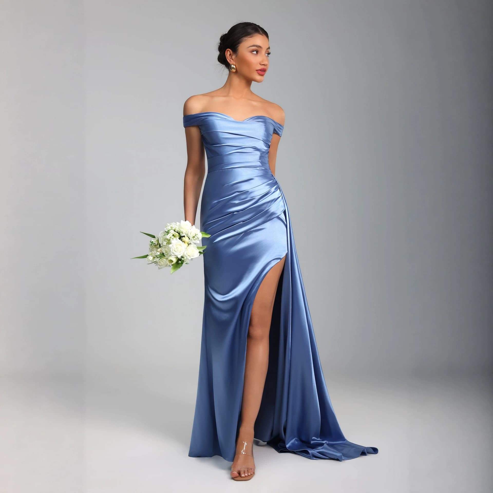 Evening Dress Women Fashion Off-Shoulder Pleated Slim Fit Slit Sexy Goddess Elegant Party Dress
