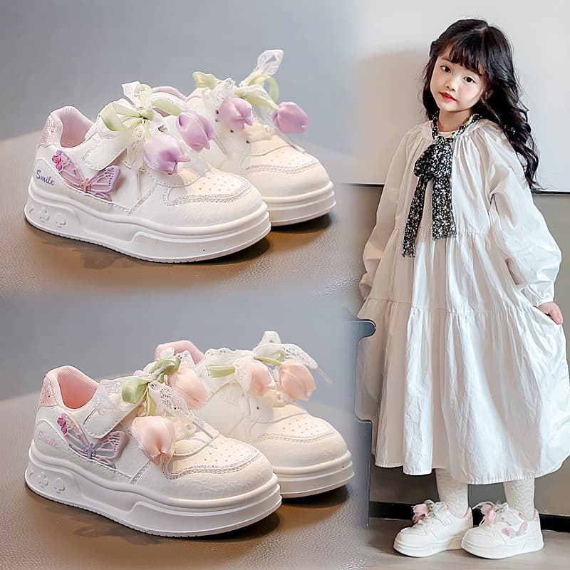 Girls' White Shoes 2025 Spring Autumn New Children's White Sports Shoes Leather Panel Shoes Casual Breathable Running Shoes Trendy