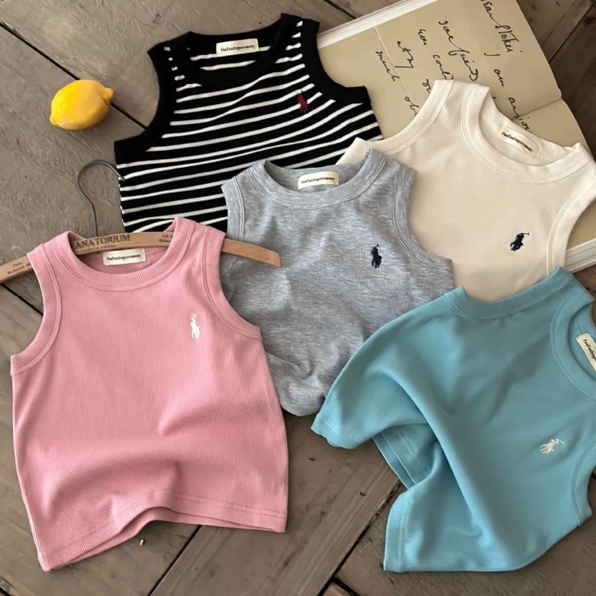 Children's elastic embroidered vest summer striped boys' breathable tops children's clothes trendy baby sleeveless girls