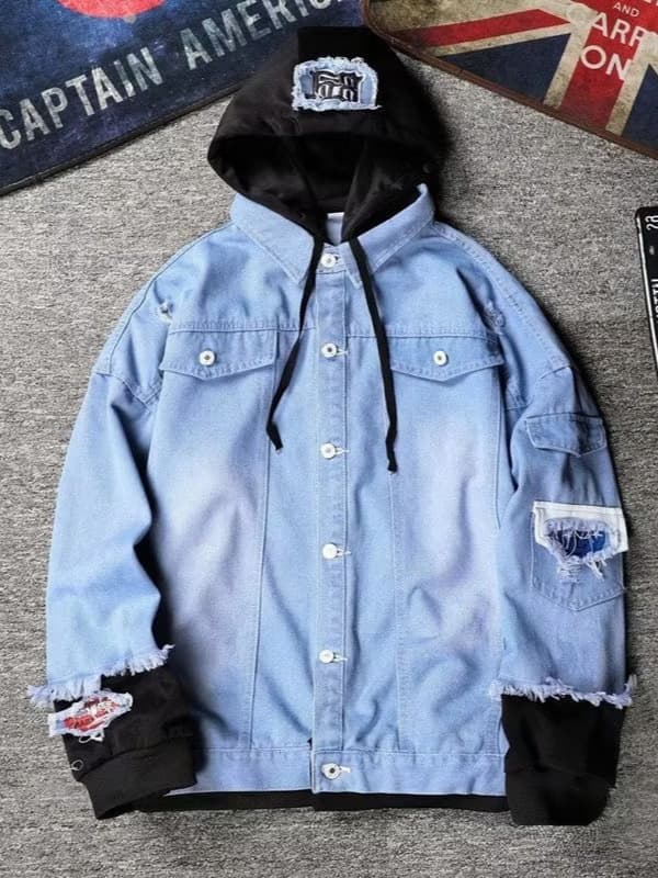 2026 Cross-Border Spring/Autumn New Denim Patchwork Jacket Men's Hong Kong Style Trendy Hooded Workwear Coat