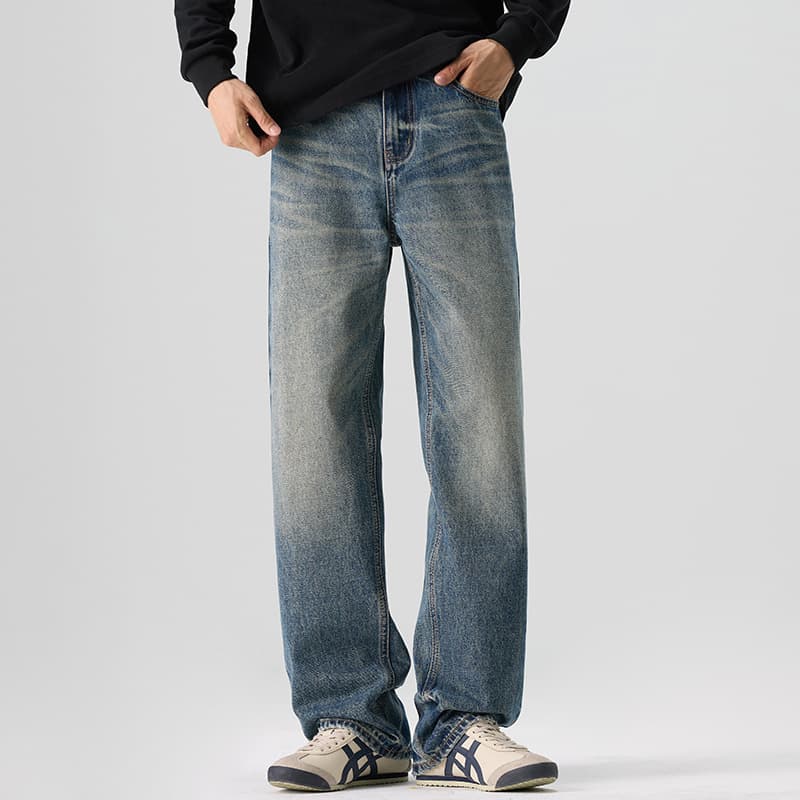 High-end American high street washed blue jeans for men in autumn and winter trendy brand high-end loose straight men's pants