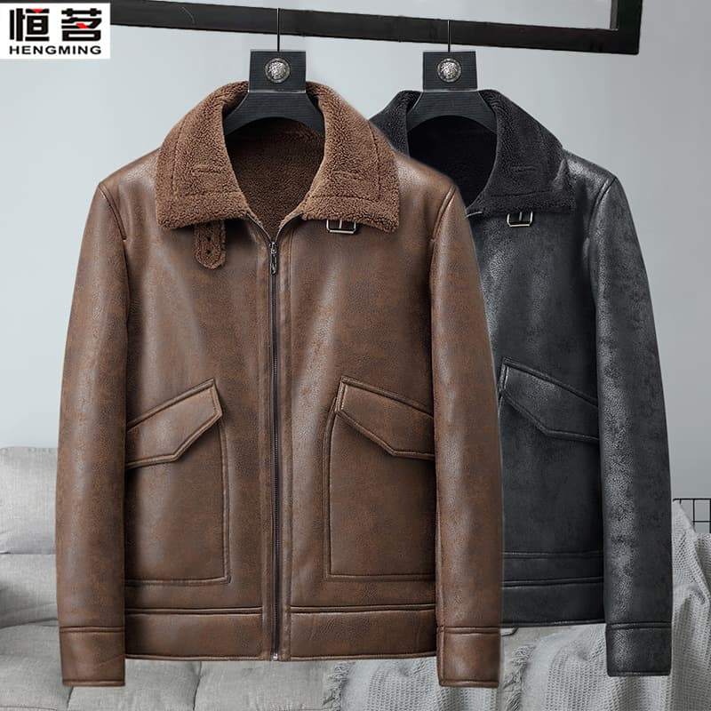 2021 Winter New Men's Leather Jacket with Fleece Lining and Thickened Textured Fleece, Middle-Aged Men's Outerwear