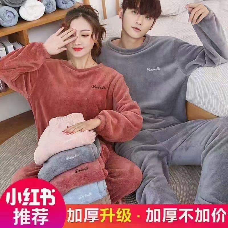 Large Size Couples Sleepwear Set 2023 Autumn Winter Flannel Warm Home Clothes Men's Coral Fleece Pajamas Comfortable Long Sleeve Pants