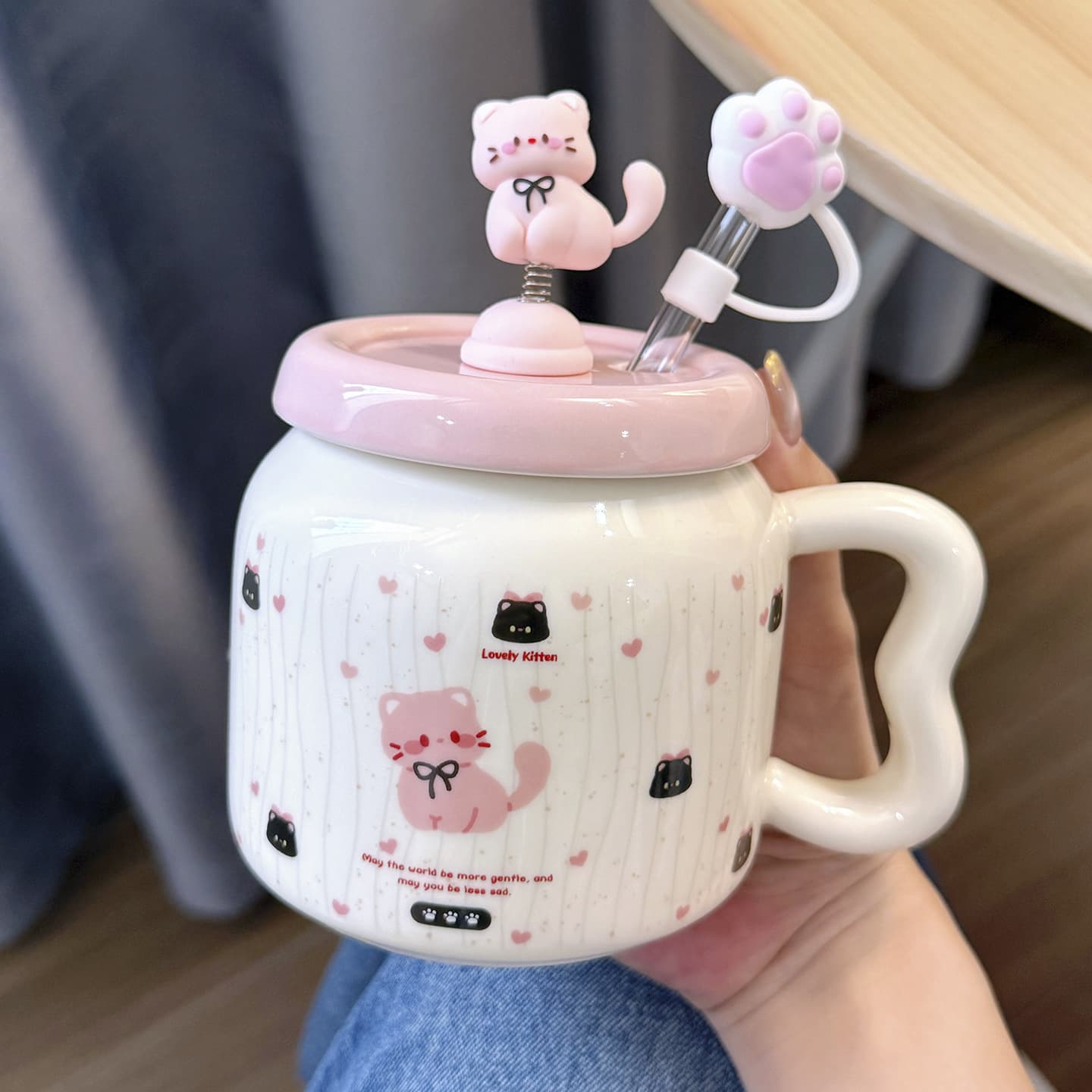 Sippy Cup Cute Cat Mug with Lid Girly Heart Ceramic Cup Couple Water Cup Birthday Gift for Girls