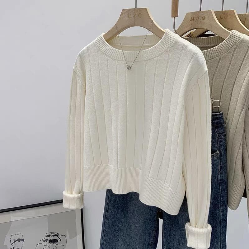 2026 Autumn Winter New Petite Short Top Loose Slim Round Neck Ribbed Knit Pullover Women Top