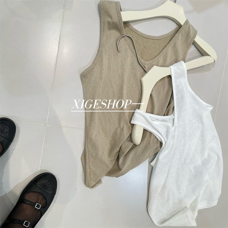 Slimming White V-Neck Tank Top Women's Loose-Fit Versatile Armless T-Shirt Inner Casual Base Layer Top Outer Wear