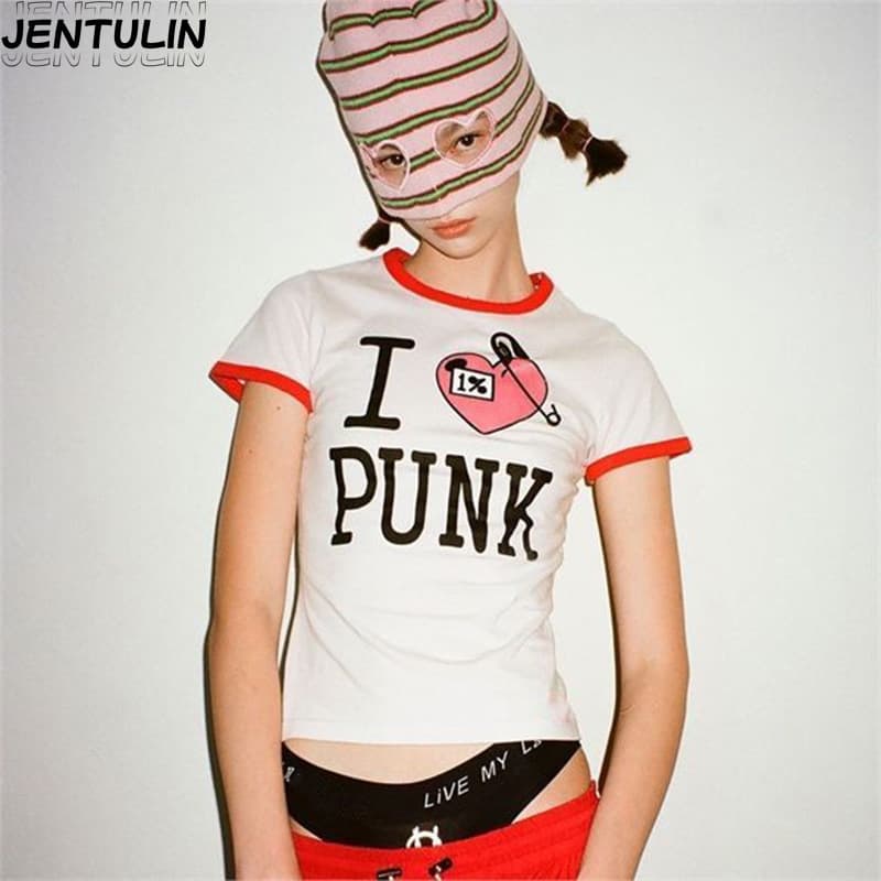 Y2K European and American Style Tops Rock Style I Love Punk Letter Print T-Shirt Women's Short Sweet Style Ins Clothing