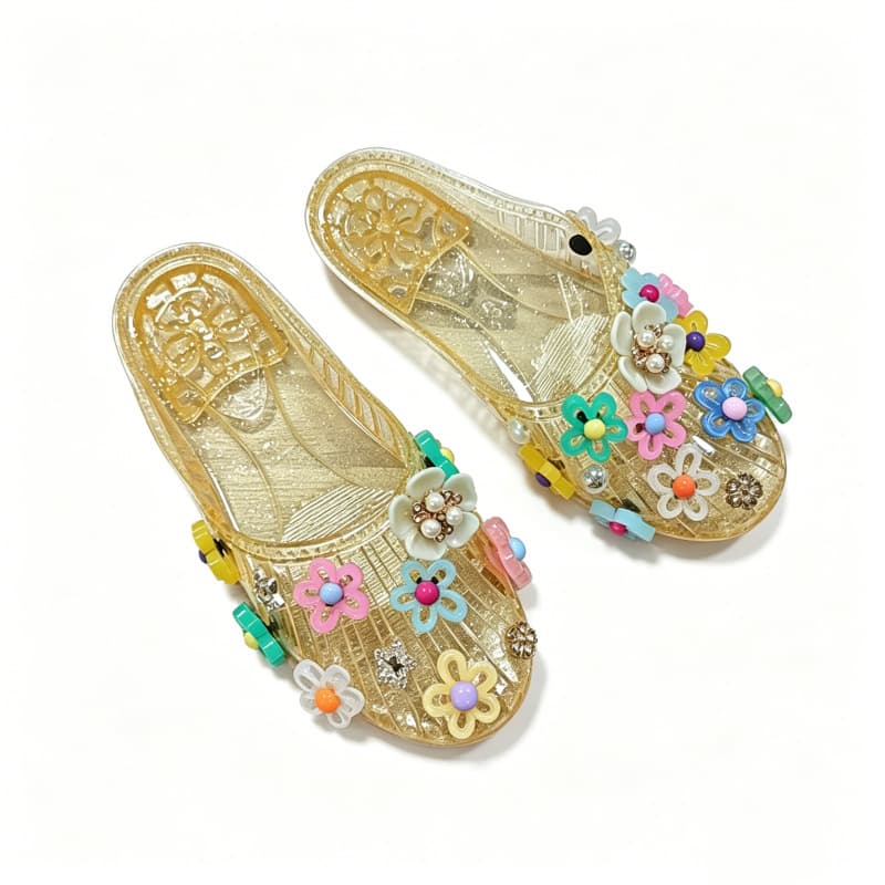 Fashion Jelly Shoes for Women, Korean Style Open-Toe Flats with Decorative Accessories, Crystal Clear Transparent Beach Sandals