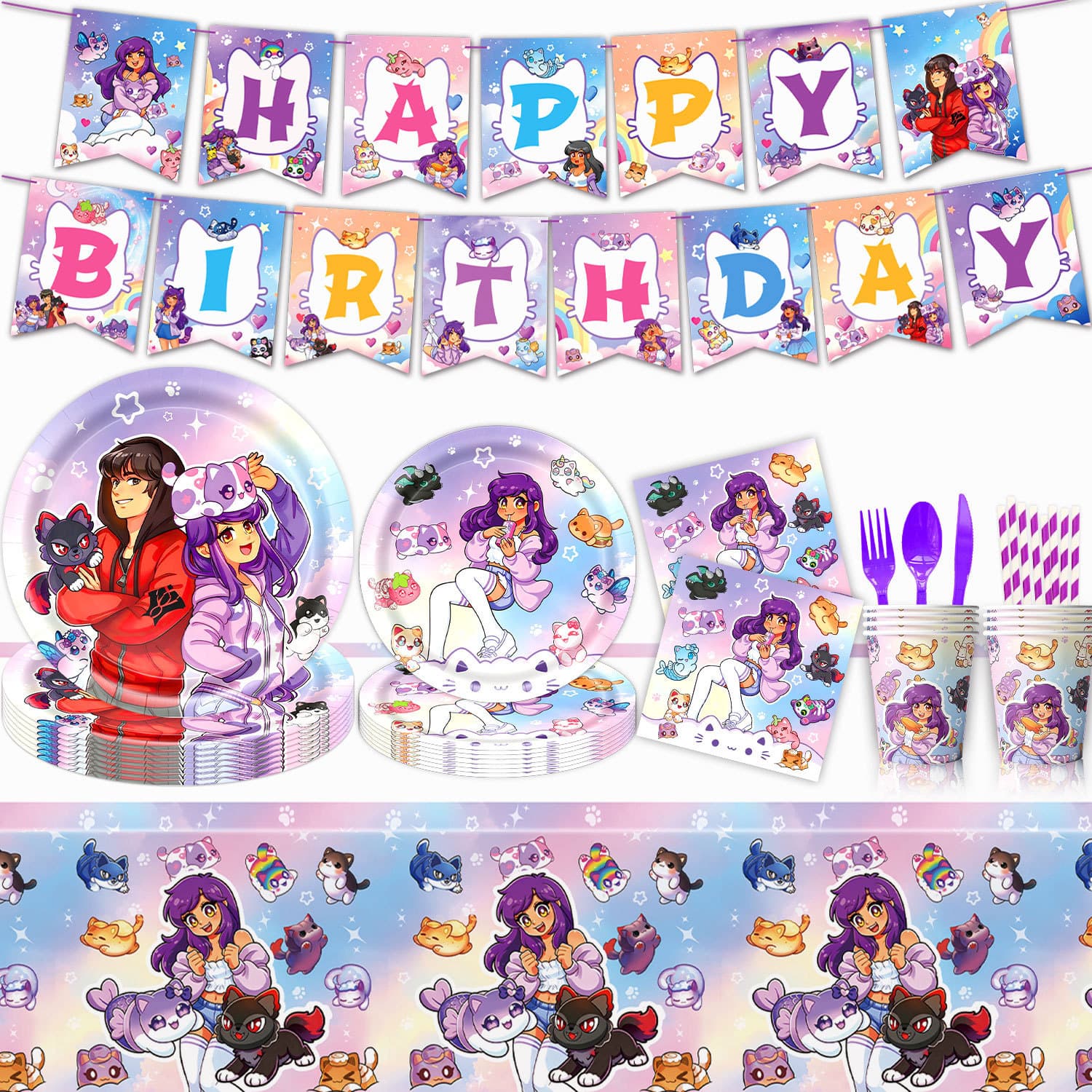 Cross-border Cat Cartoon Anime Girl Aphmau Themed Tableware Paper Plates Cups Napkins Tablecloth Banner Decorations