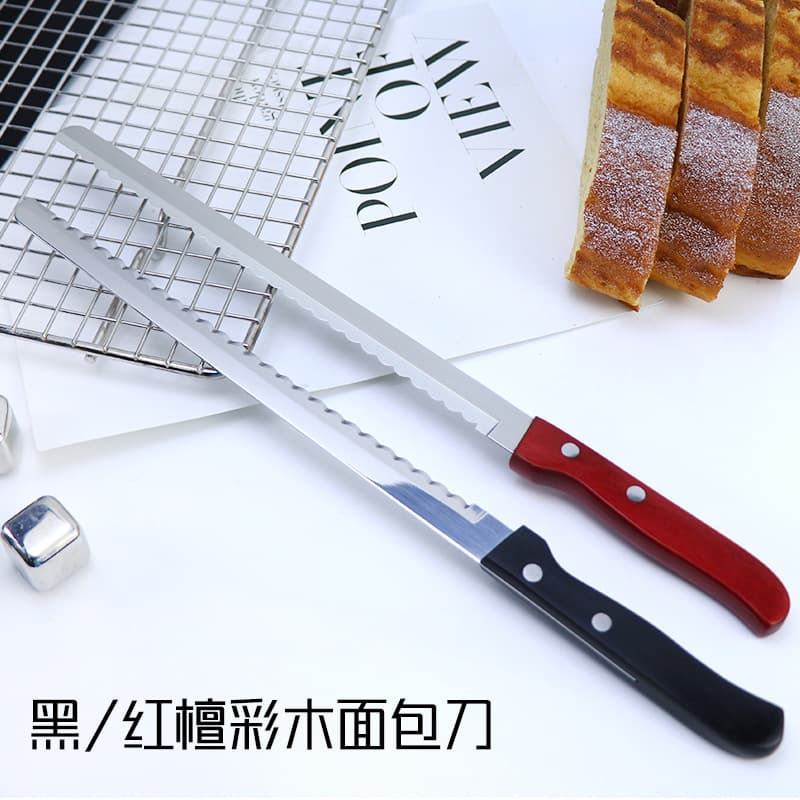 10-Inch Red and Black Ebony Colored Wood Bread Knife, Cake Slicer, Narrow Serrated Bread Knife for Toast