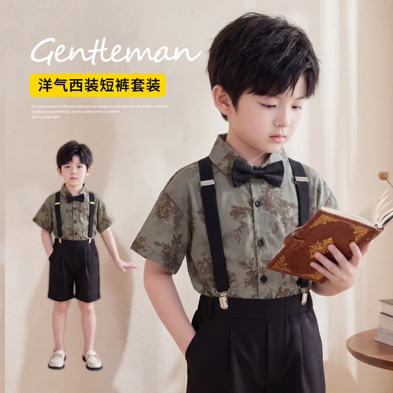 Boys' Premium Formal Suit Summer Little Flower Boy British Style Short Sleeve Suspenders Set Piano Performance Host