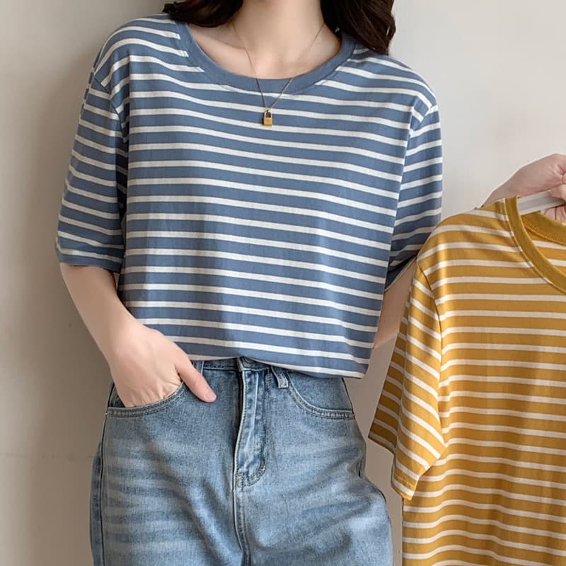 Women's Short Sleeve T-Shirt, Summer Thin Style, 2026 New Trend, Loose Fit, Pure Cotton, Green Striped Tee