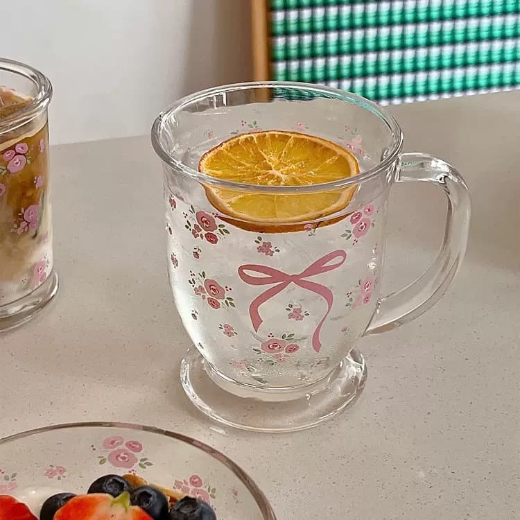 Girl's Heart INS French Style Rose Glass Cup Bow Floral Cold Brew Cup Couple Milk Cup Coffee Breakfast Cup