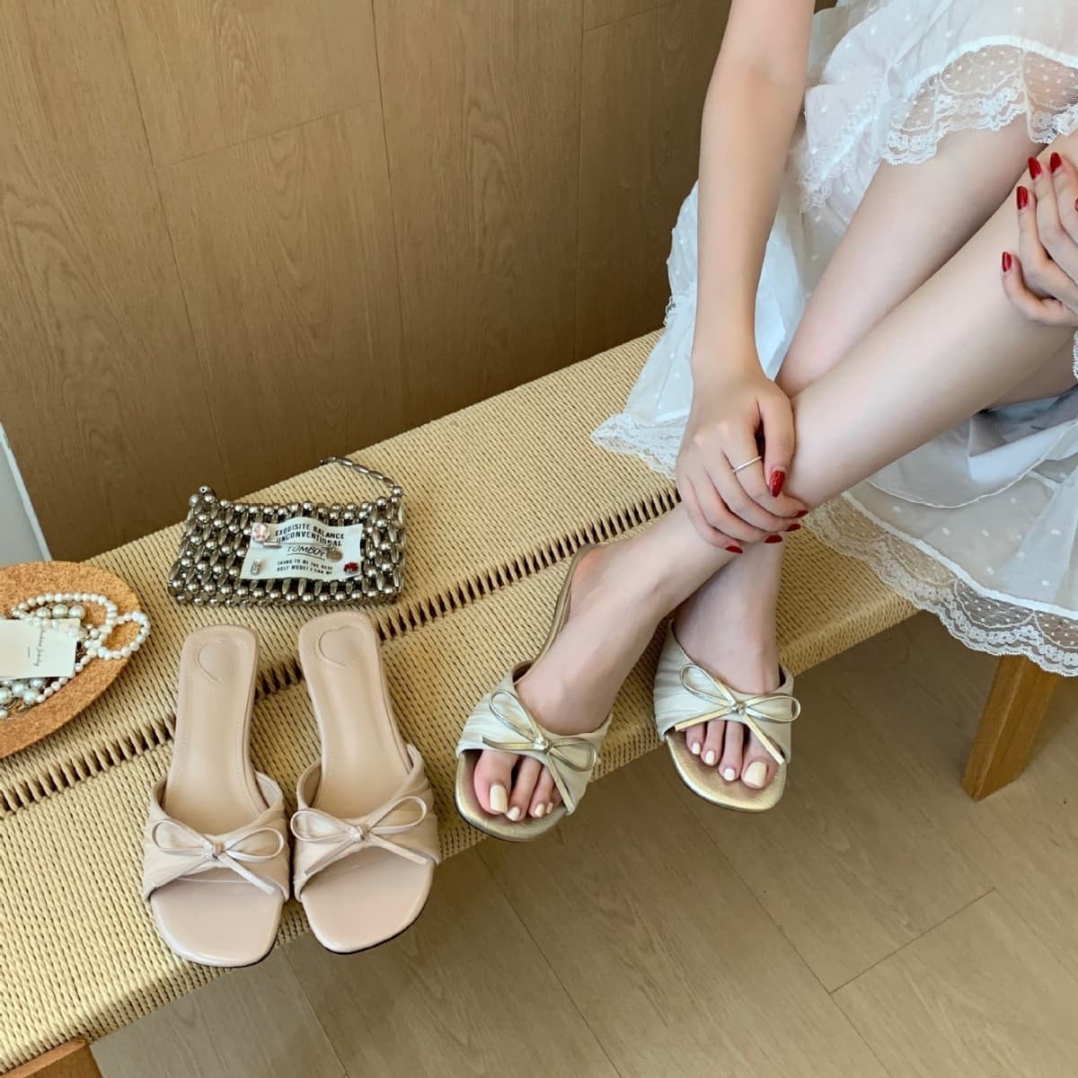 French Style Outdoor 2026 Dress Matching Summer Slippers, Bow Slippers New Style Elegant Chunky Heel Casual Sandals for Women