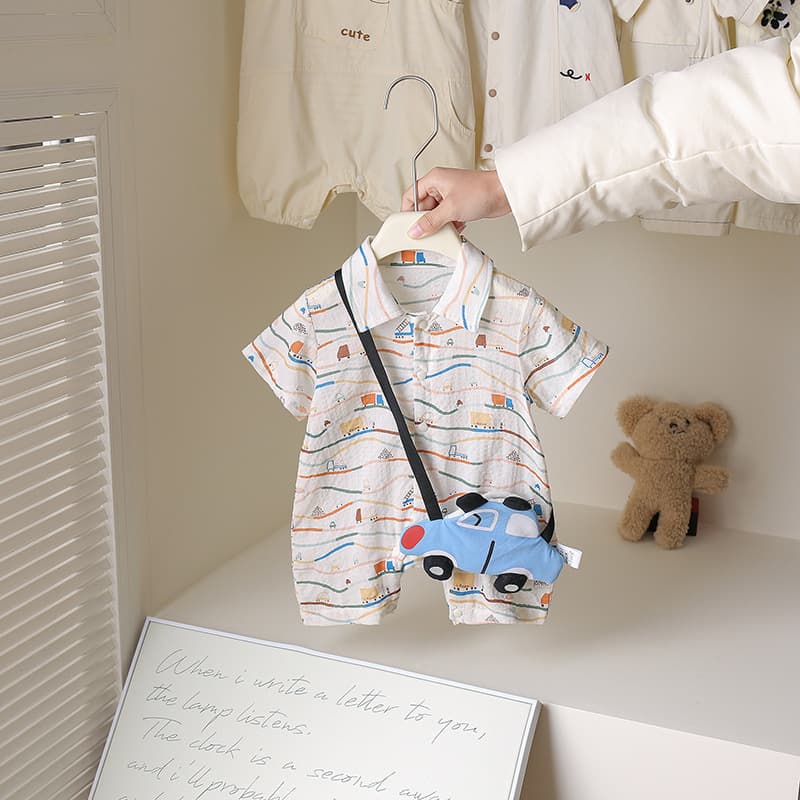 Baby Summer Thin Full-Month Boy Stylish Cartoon Shirt Romper Newborn Outing Wear Crawling Suit