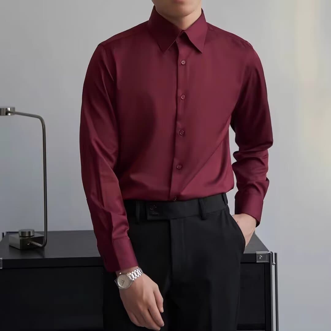 Autumn Men's Solid Color Slim Fit Shirt Wedding Shirt Best Man Top Business Work Casual Fashion Stretch Shirt