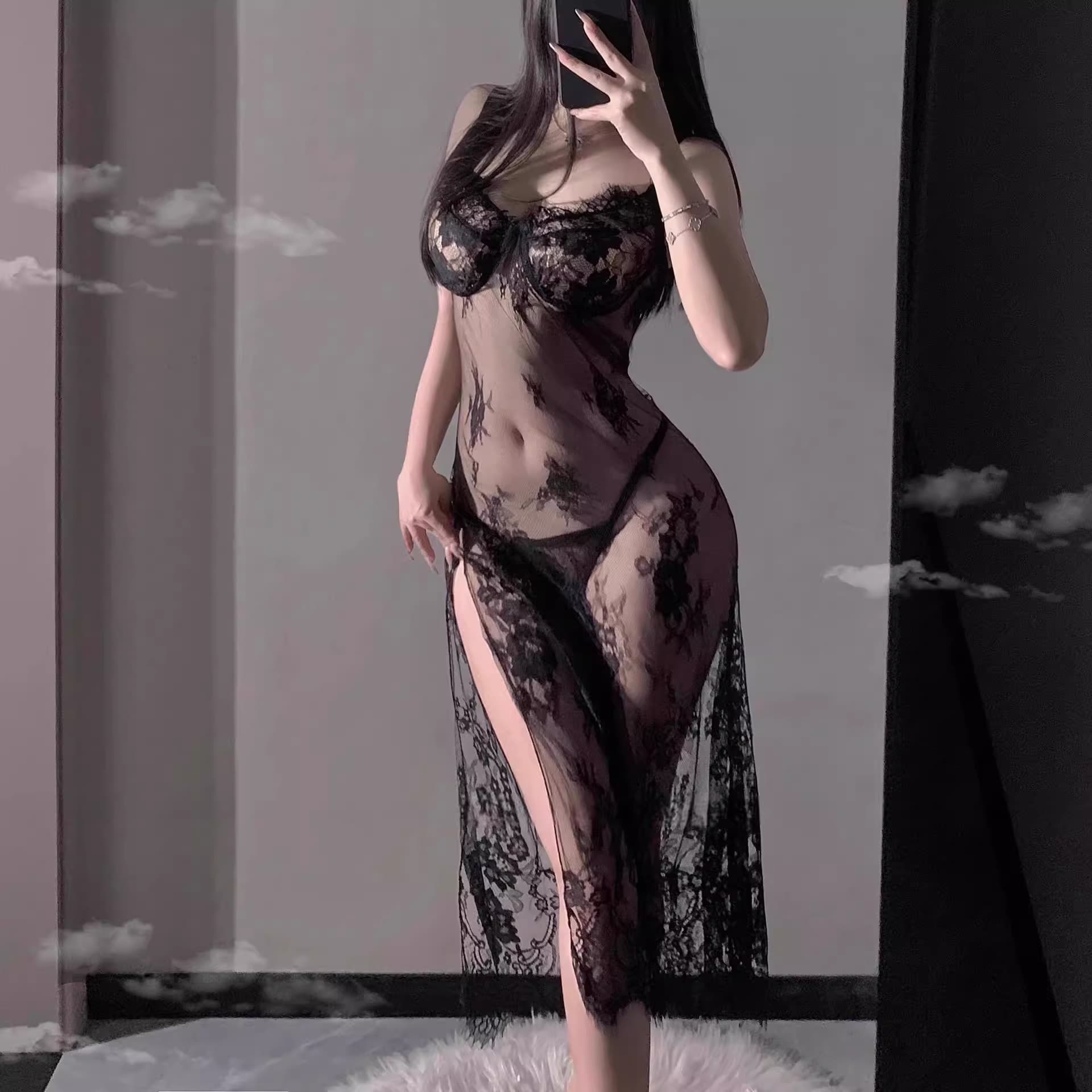 Night Piano Sexy Lingerie Hot Lace Nightgown Foreign Trade High Waist Split Passion Pajamas Purple Set 7510