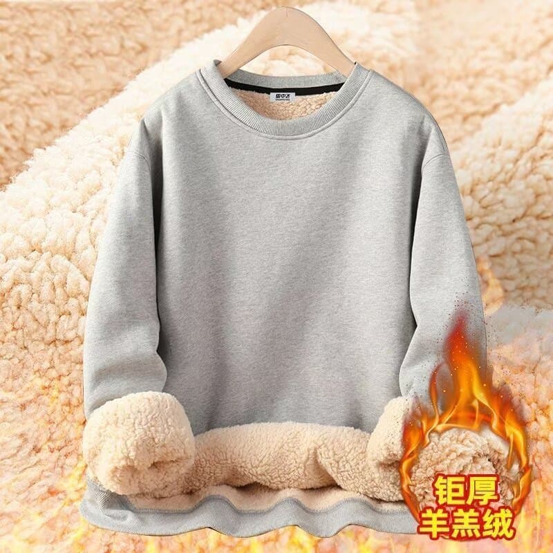 Men's Sherpa Fleece Thermal Sweatshirt, Korean Style Crew Neck Round Collar Winter Loose Warm Fleece-Lined Pullover