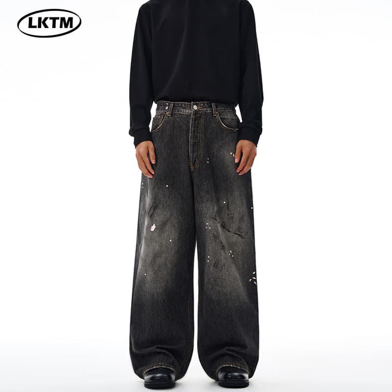 LKTM Men's AC Style 2023M Splatter Graffiti Baggy Jeans Unisex Loose Fit Straight Leg Pants