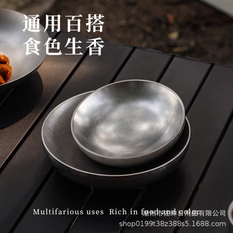 Vintage Korean-Style 304 Stainless Steel Flat Soup Bowl, Commercial Thickened Double-Layer Anti-Scald Small Dish, Generous Portion Plate
