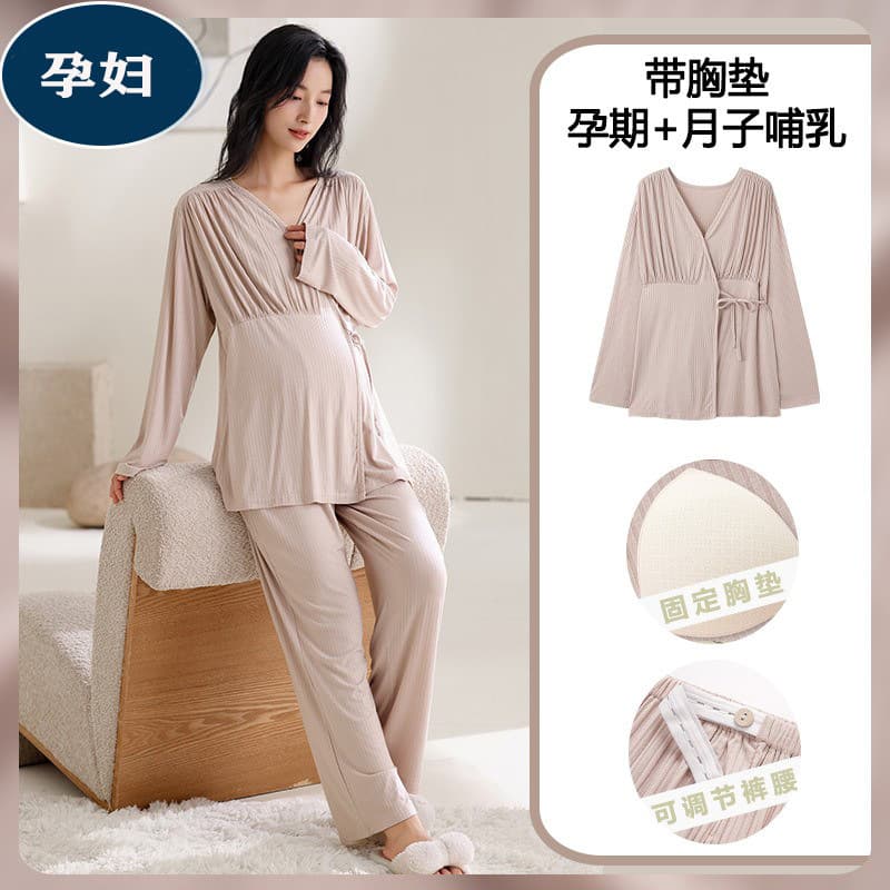 Maternity Nursing Nightgown with Built-in Bra and Tie Front for Postpartum Breastfeeding, Women's Autumn Winter Cotton Silk Sleepwear for Pregnancy and Home Wear