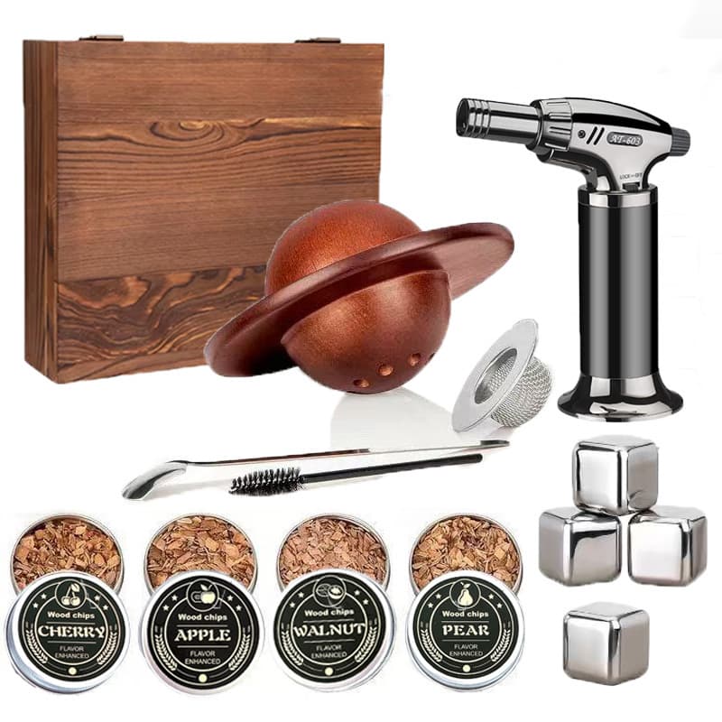 Cross-Border Bestseller Cocktail Smoker Wooden Tray Whiskey Smoking Kit Gift Wooden Aroma Infuser Mixing Tool Wood Lid