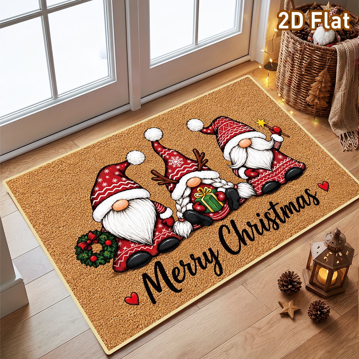 Christmas Coconut Fiber Three Gnomes Doormat, Crystal Velvet Christmas Bathroom Entrance Anti-Slip Floor Mat
