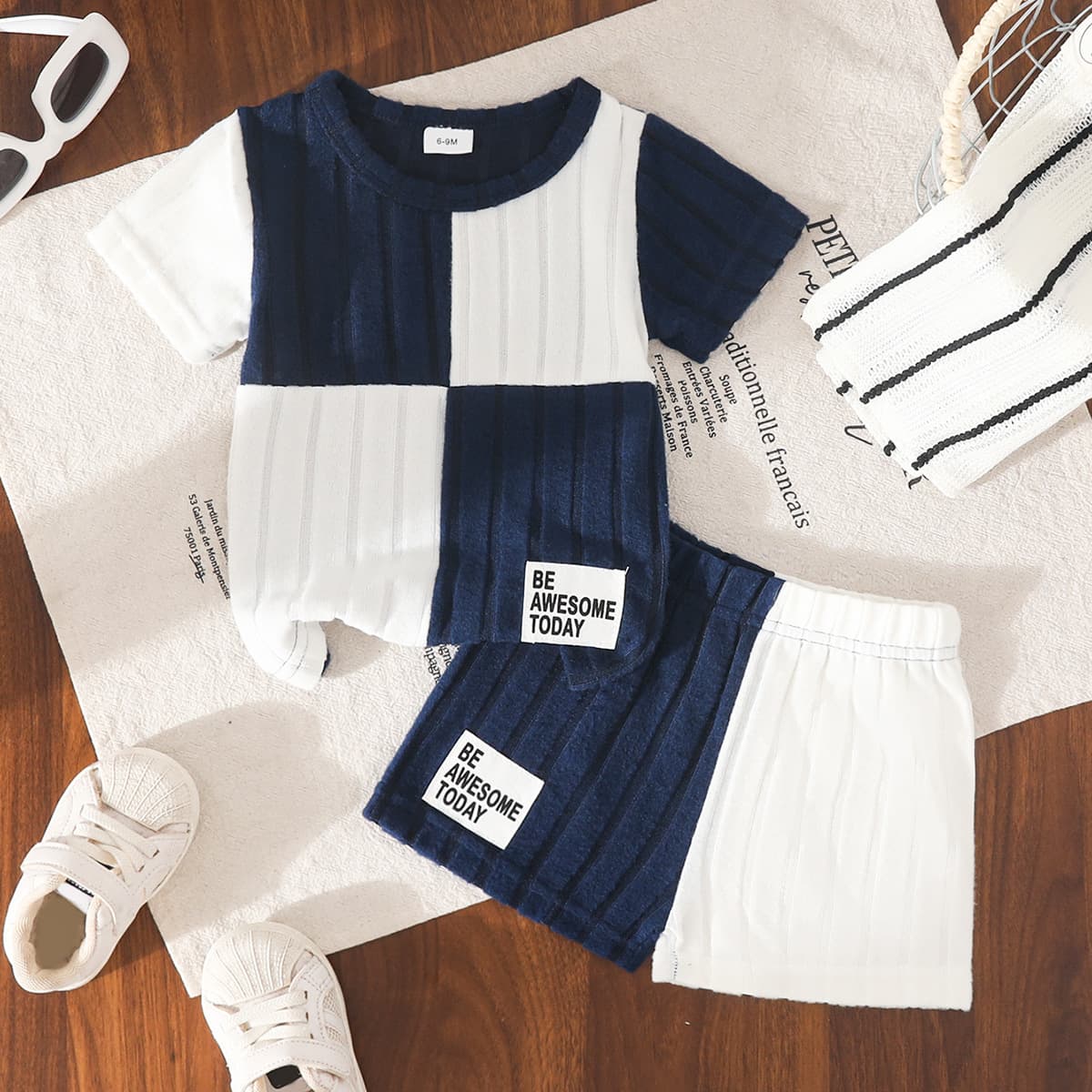Cross-border baby boy summer short-sleeved patchwork contrasting striped T-shirt + casual shorts baby summer two-piece trendy set