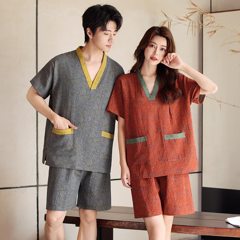 Mizhu Pure Cotton Retro Home Pajamas Women's Sauna Suit Couple Style Bath Robe Men's Sauna Suit