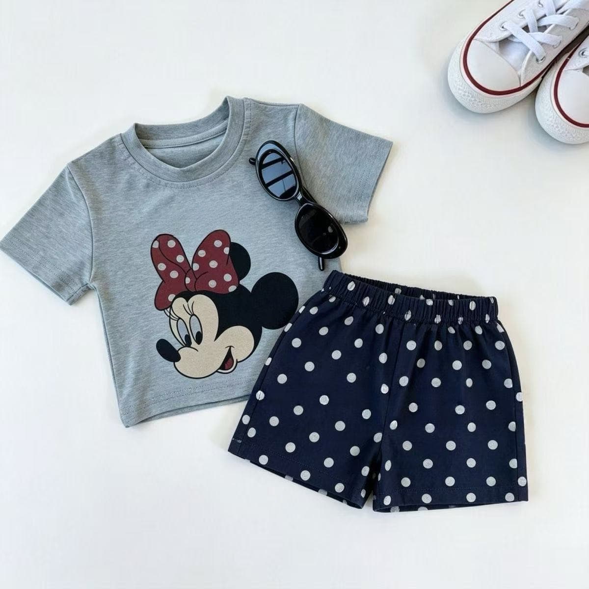 2026 Girls Korean Style Mickey Print Short Sleeve T-Shirt Set Girls Short Sleeve Top Polka Dot Shorts Two-Piece Set
