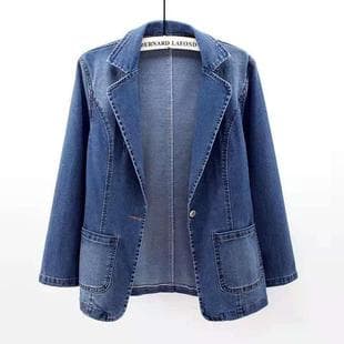 Cross-Border Spring/Fall New Denim Jacket for Women, Slim Fit, Slimming, Notched Lapel, Solid Color Cardigan, One-Button Top