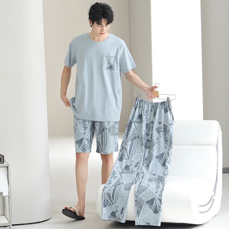3-Piece Set 100% Cotton Pajamas for Men Spring/Summer Short Sleeve Long Pants 2026 New Lightweight Full Cotton Homewear Plus Size