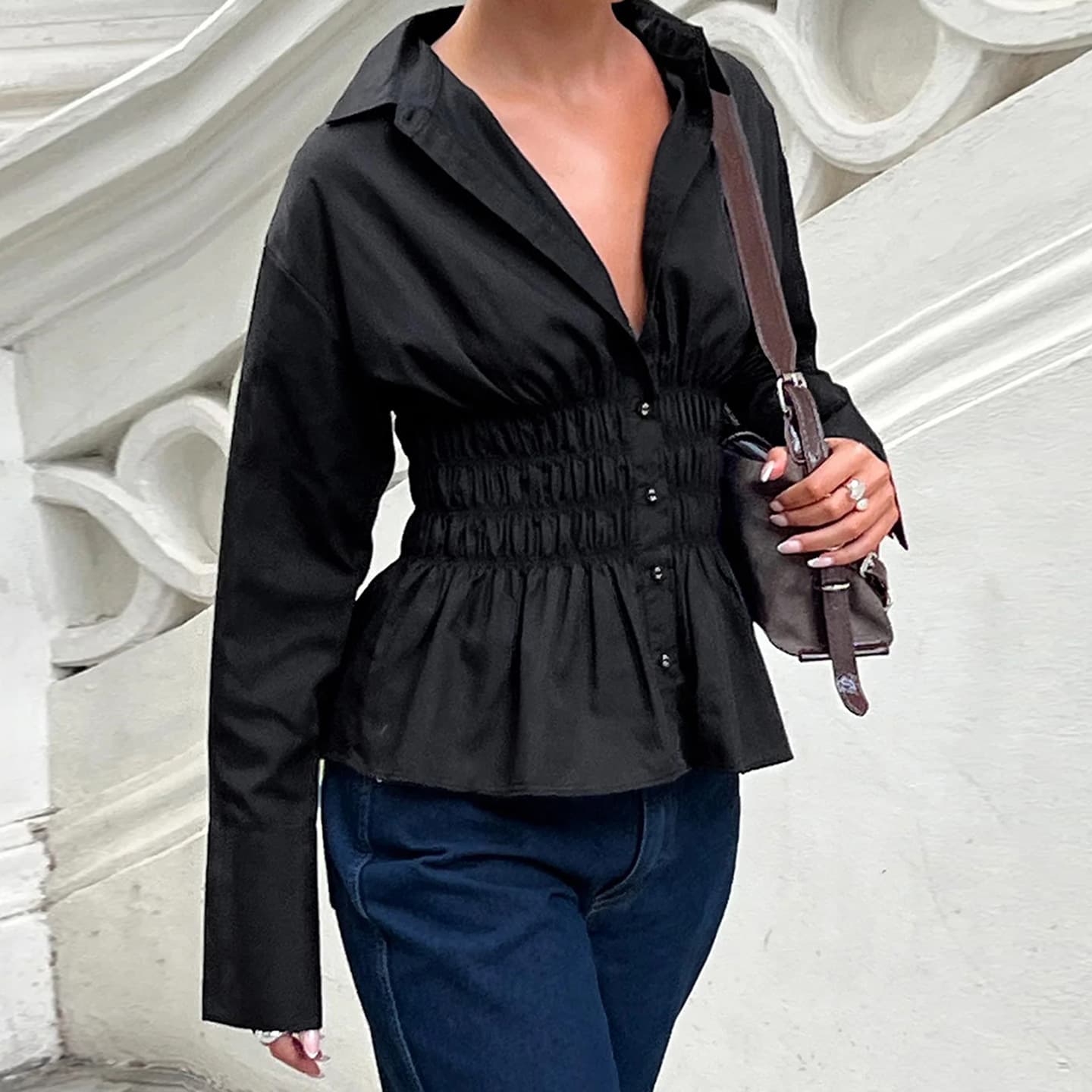 Amazon Export Women's Pleated Waist-Tightening Slimming Casual Shirt Early Autumn Solid V-Neck Stylish Commute Top