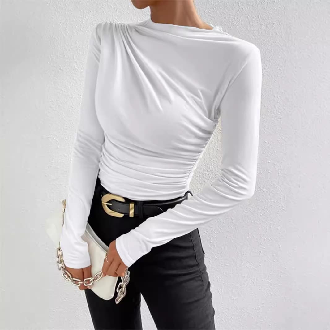 Cross-border 2025 European and American Solid Color Slim Fit Base Layer Long-Sleeve T-Shirt for Women with Versatile Pleated Design