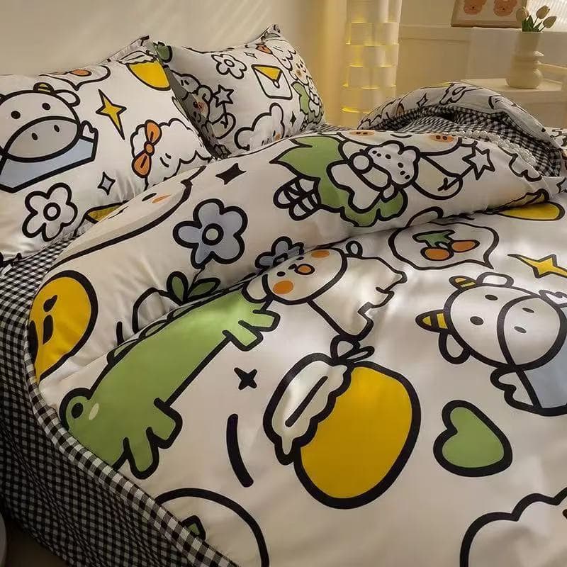 Duvet Cover Single 150x200x230, 4-Piece Set for Student Dorms, Single Cartoon Pure Washed Cotton 3-Piece Set