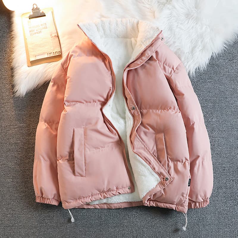 Winter Cotton Jacket Men's Streetwear Fleece-Lined Padded Coat Sherpa Fleece Couple's Short Stand Collar Puffer Jacket Solid Color Cotton-Padded Coat Outerwear