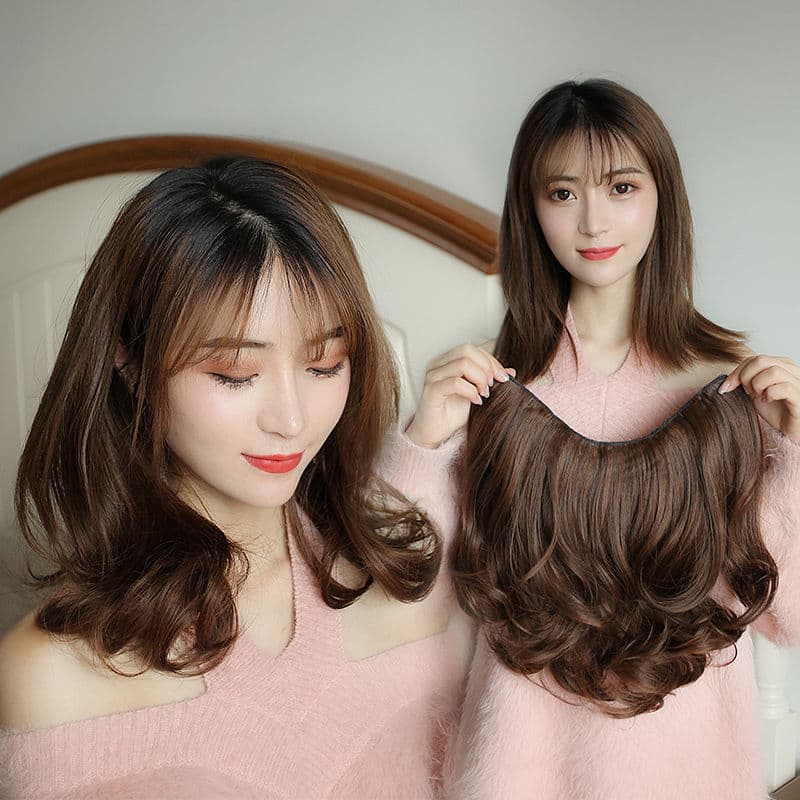 Wig for women with long curly hair and big waves Internet celebrity cute one-piece seamless U-shaped long hair straight natural hair extensions wig