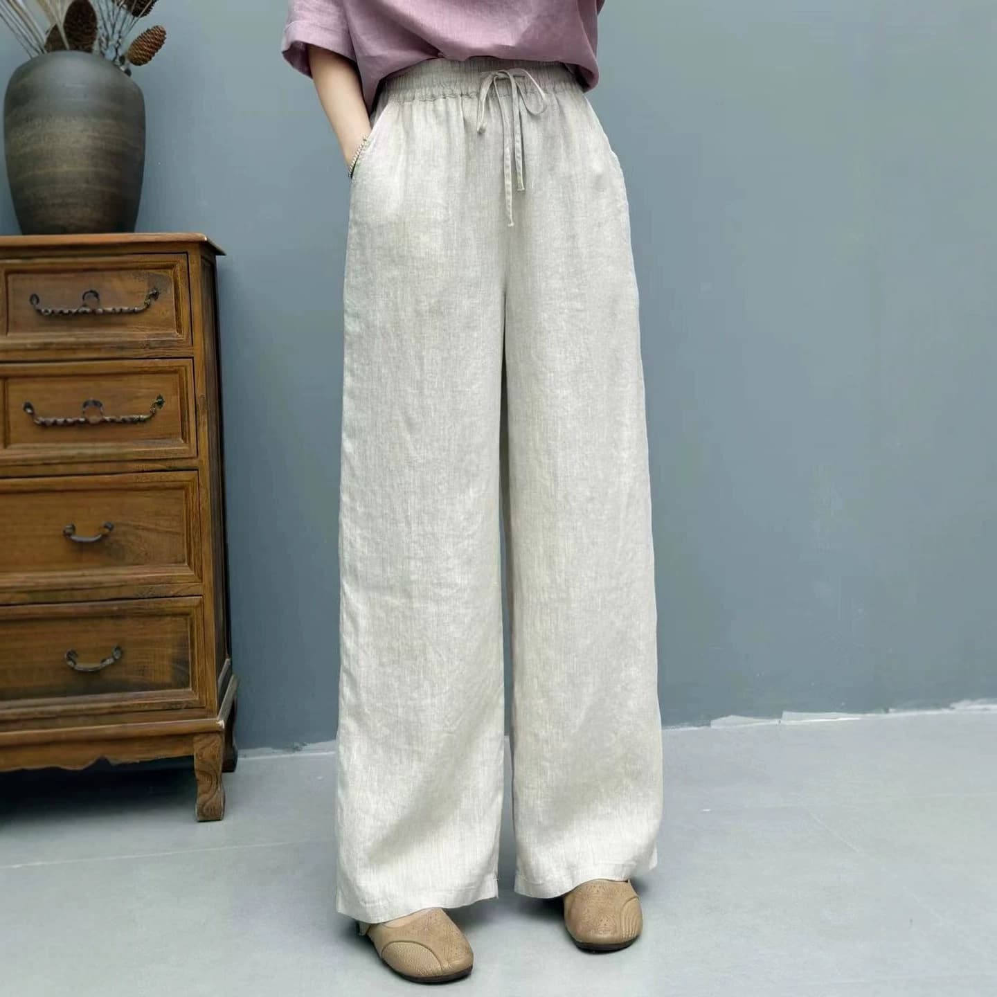 2026 Spring/Summer New Pure Linen Solid Color Drawstring Straight Leg Pants Loose Artistic Draping Commuter Women's Casual Pants