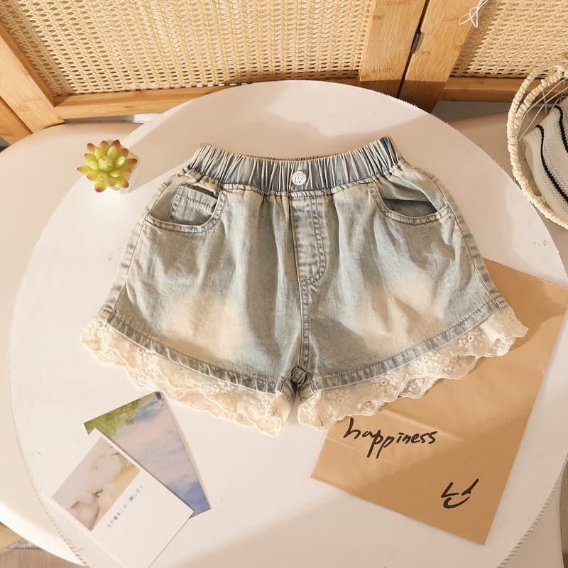 Girls Soft Washed Denim Shorts Lace Legs Elastic Waist Breathable Outerwear Children Casual Denim Shorts Summer