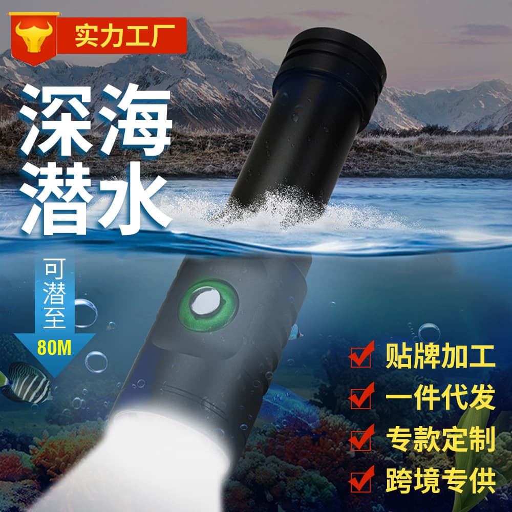 Cross-border new mini diving flashlight LED outdoor strong light flashlight 80 meters diving aluminum alloy flashlight