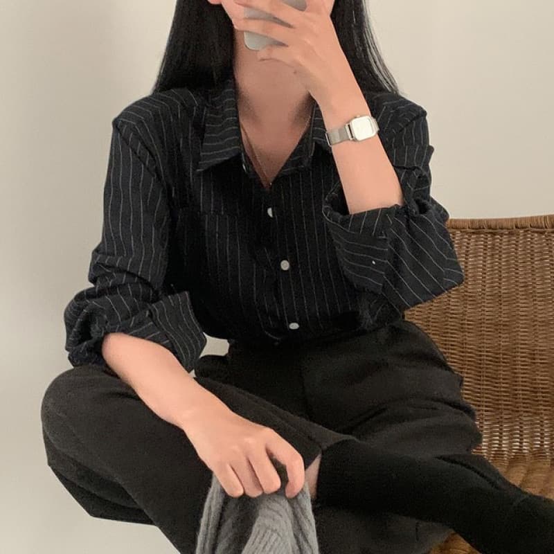 Korean Chic Early Spring French Style Minimalist Loose Casual Notch Lapel Long Sleeve Striped Blouse Women's Undershirt Shirt