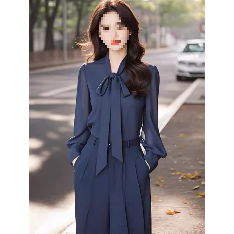 Blue Chiffon Two-Piece Set Autumn Women's 2025 New Fashion High-End Bow Top Wide-Leg Pants Set