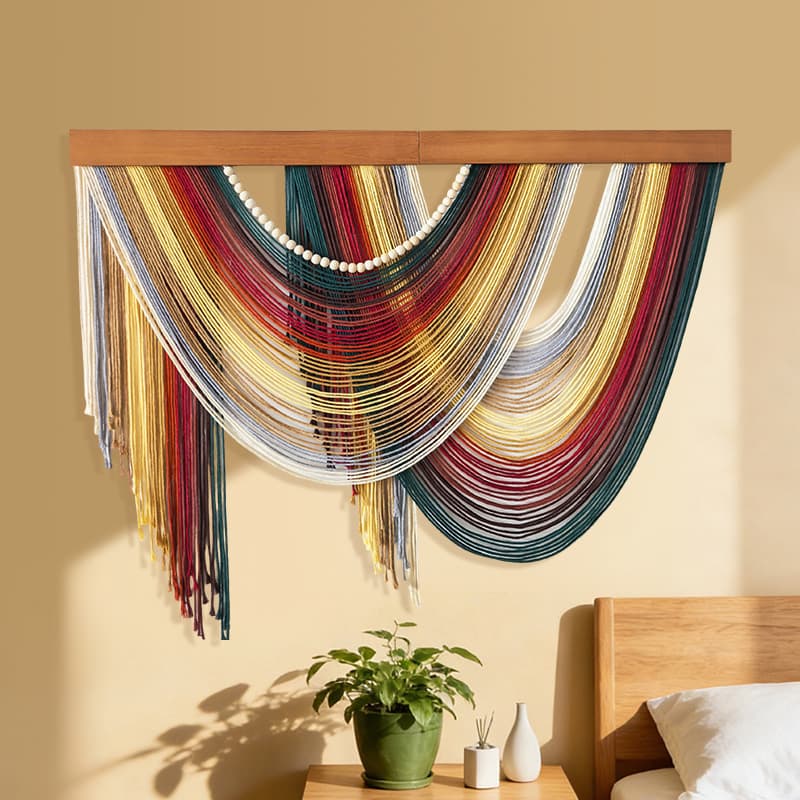 New Brown Gradient Wall Hanging with Curved Fringe, Wood Panel Patchwork Bohemian Tapestry, Cross-Border Fringe Wall Decor