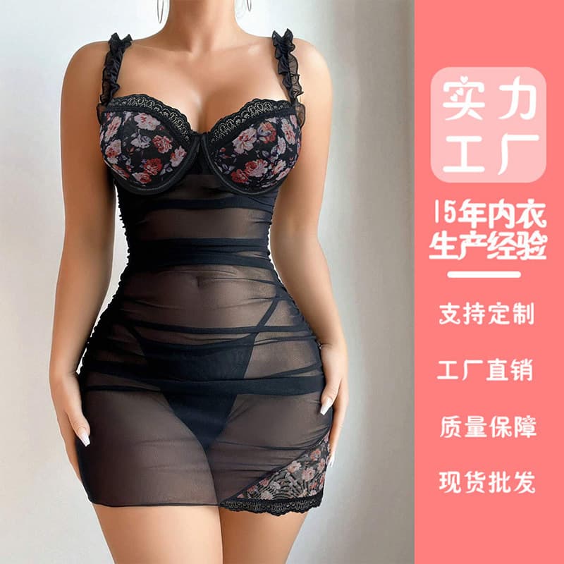 Overseas Cross-Border Plus Size Bra Black Lace European and American Sexy Lingerie Women's Sexy Lace Trim Mesh Dress