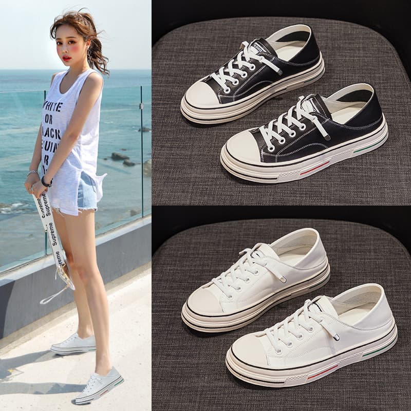 Flat Two-Way Little White Shoes Women 2024 Spring Slip-On Shallow Low-Top Soft Sole Leather Upper Sports Casual Sneakers