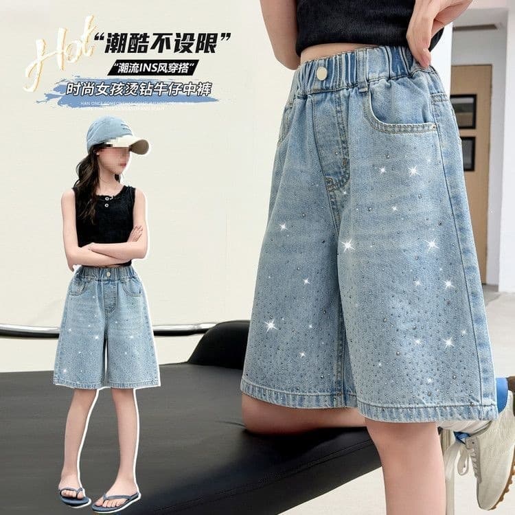 Girls' denim shorts, soft jeans, medium trousers, Korean style hot diamond elastic waist, washing technology, medium and large children