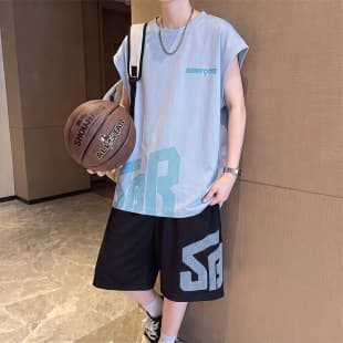 2026 Summer Teen Boys Student Casual Short Sleeve T-Shirt Set Trendy Men's Casual Sleeveless Set