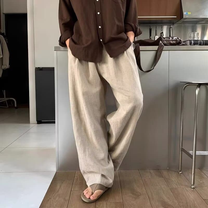 Tencel Linen Pants Men Summer Thin Casual Long Pants Loose Draping Straight Cotton Linen Trousers Double Pleat Wide Leg Pants